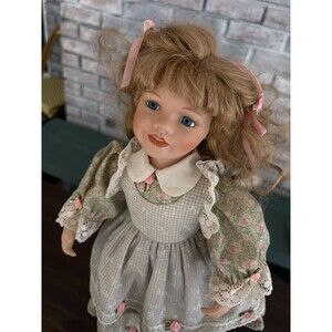 Vintage 16-inch Porcelain Doll with Stand-Curly Hair-Blue Eyes